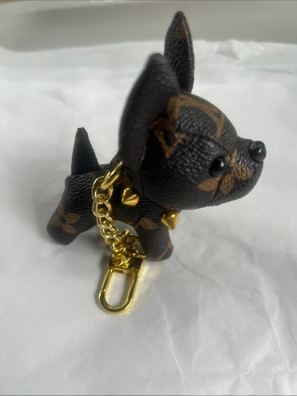Designer-Style Brown Dog Keychain with Gold Hardware